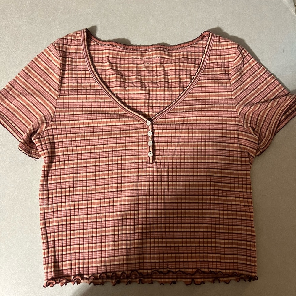 American Eagle Cropped Striped V-Neck Buttoned Women Top